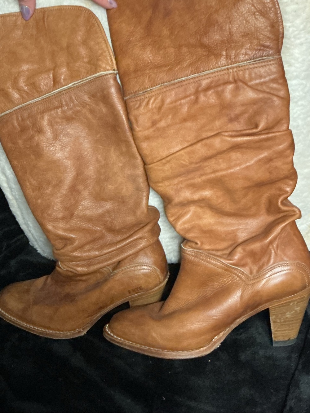 Frye Cognac Leather Slouch Heel Boots
